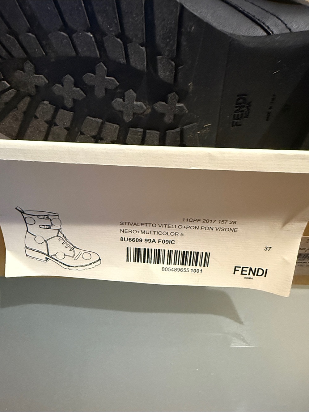 Fendi Black Leather Combat Boots with Blue, Peach and Green Pom-Poms - Picture 7 of 7